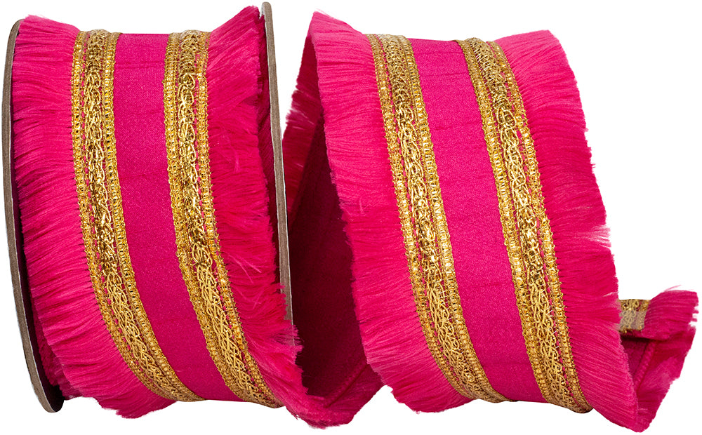 Fringe gilded trimming dupioni deluxe fused backed wired edge ribbon in bright pink and gold.