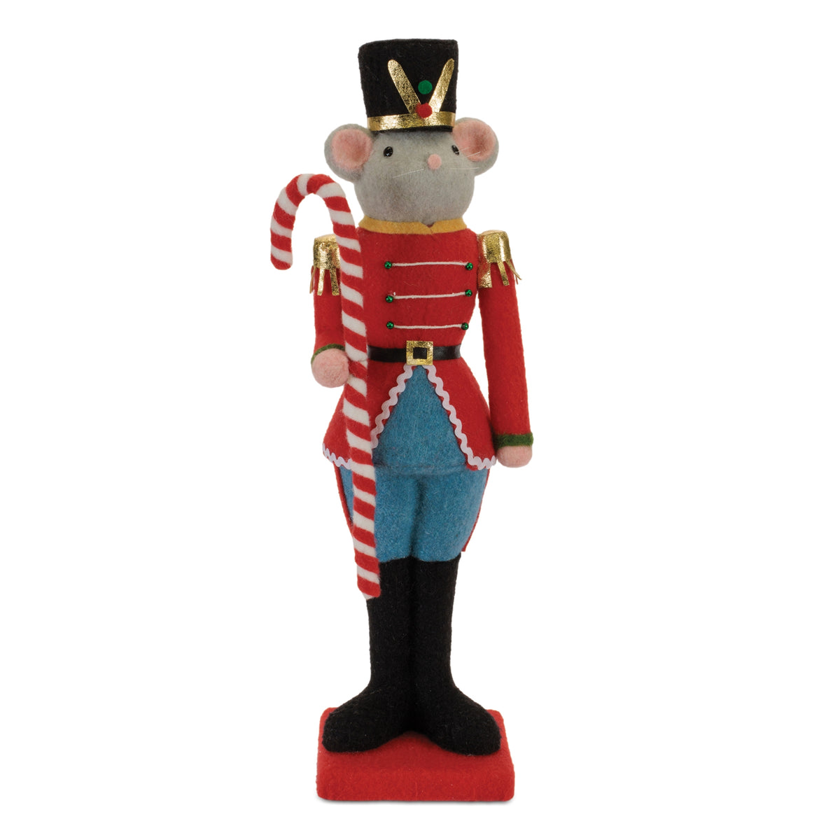 Felt mouse soldier figurine wearing a red uniform and holding a red and white candy cane.