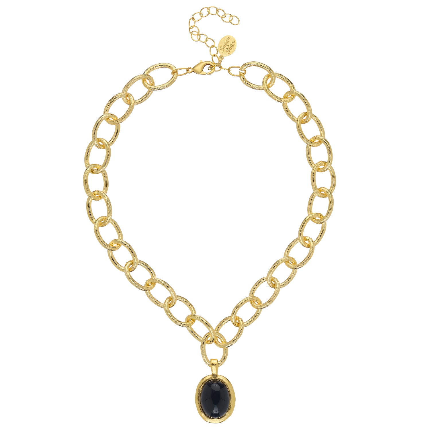 Caroline gold chain necklace with a black onyx oval pendant and lobster claw clasp.