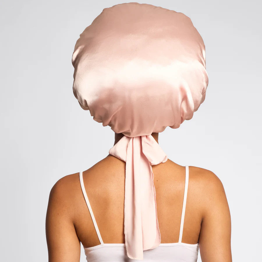 Blush satin adjustable bonnet with extra-long ties