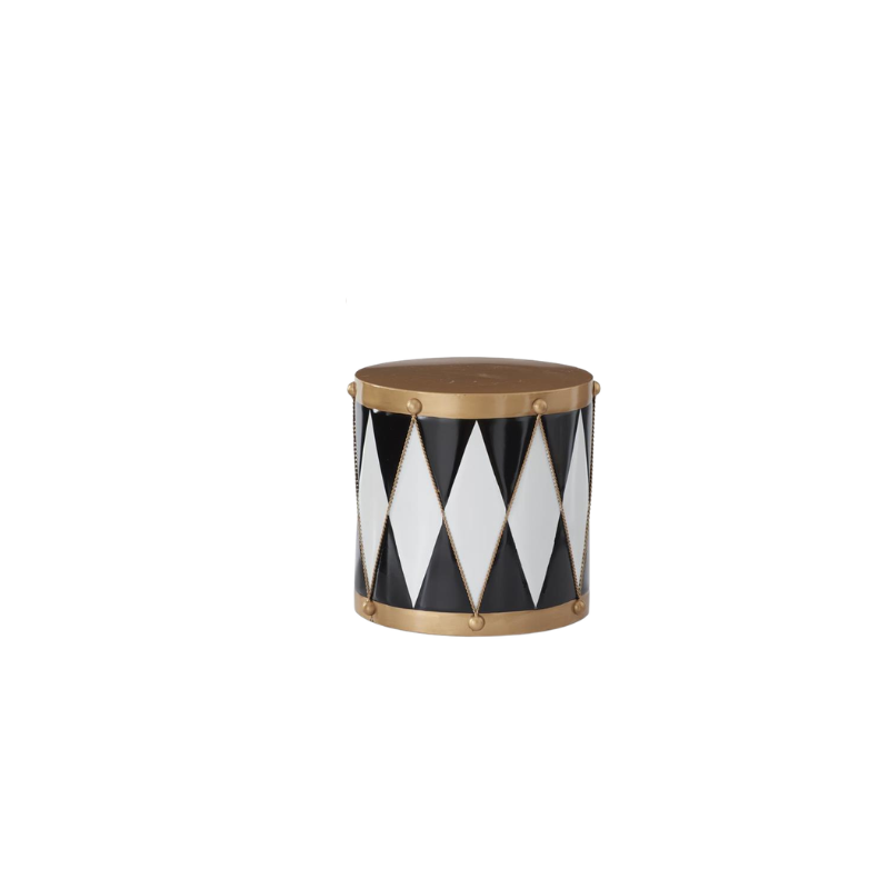 Black and white harlequin pattern drum container with gold metallic rims and stud details.