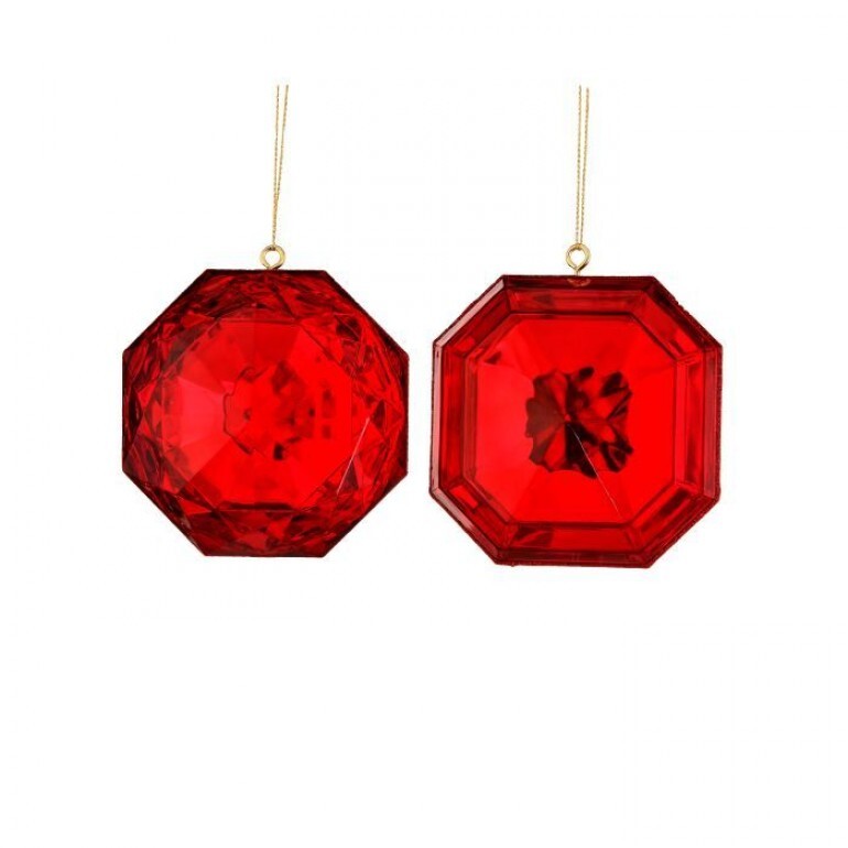 Two 4-inch red acrylic precious gem Christmas ornaments with gold hanging strings.