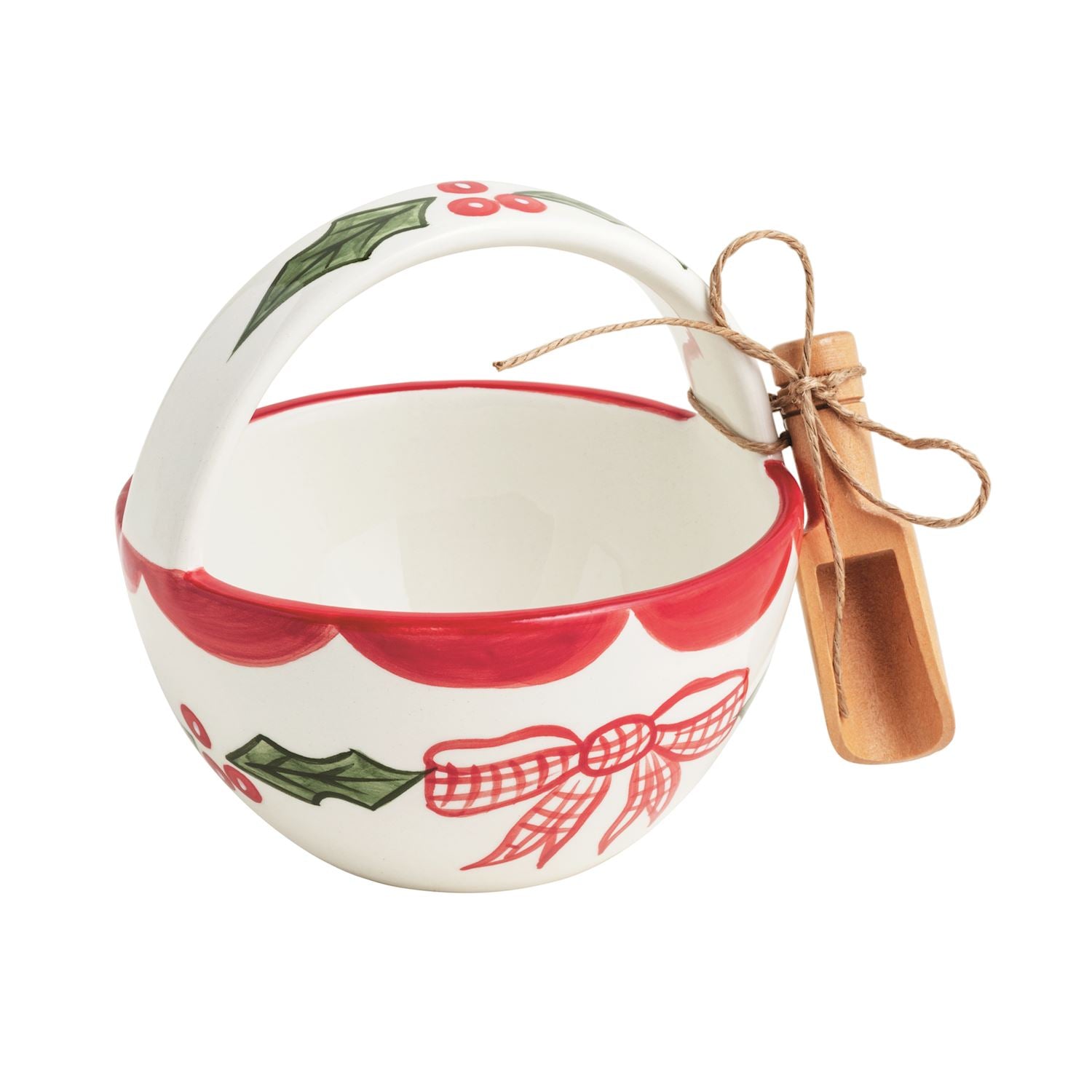 Hand-painted ceramic tidbit dish with holly and bow design, featuring a tied mango wood scoop.