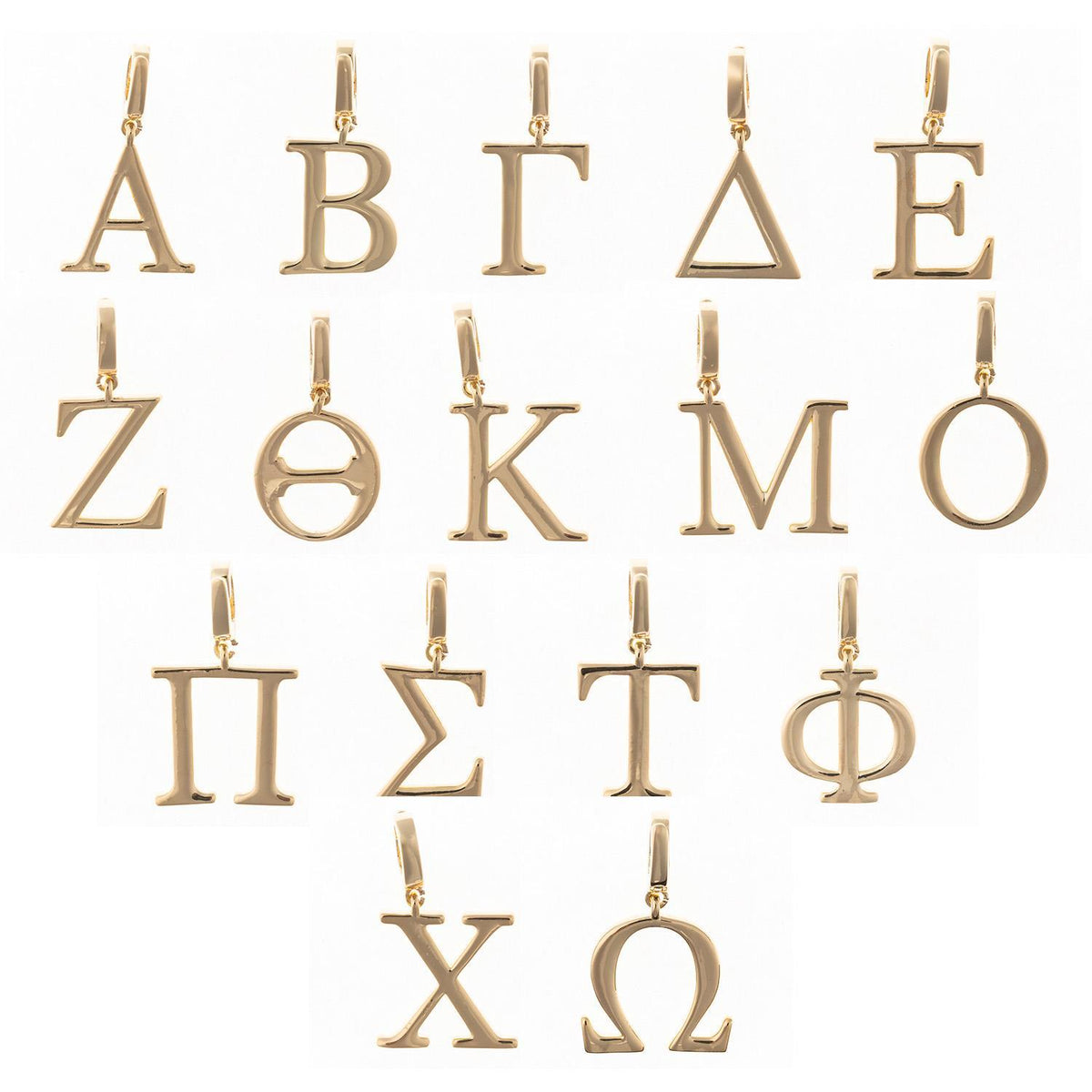 A collection of 18k gold plated Greek letter charms arranged in rows on a white background.