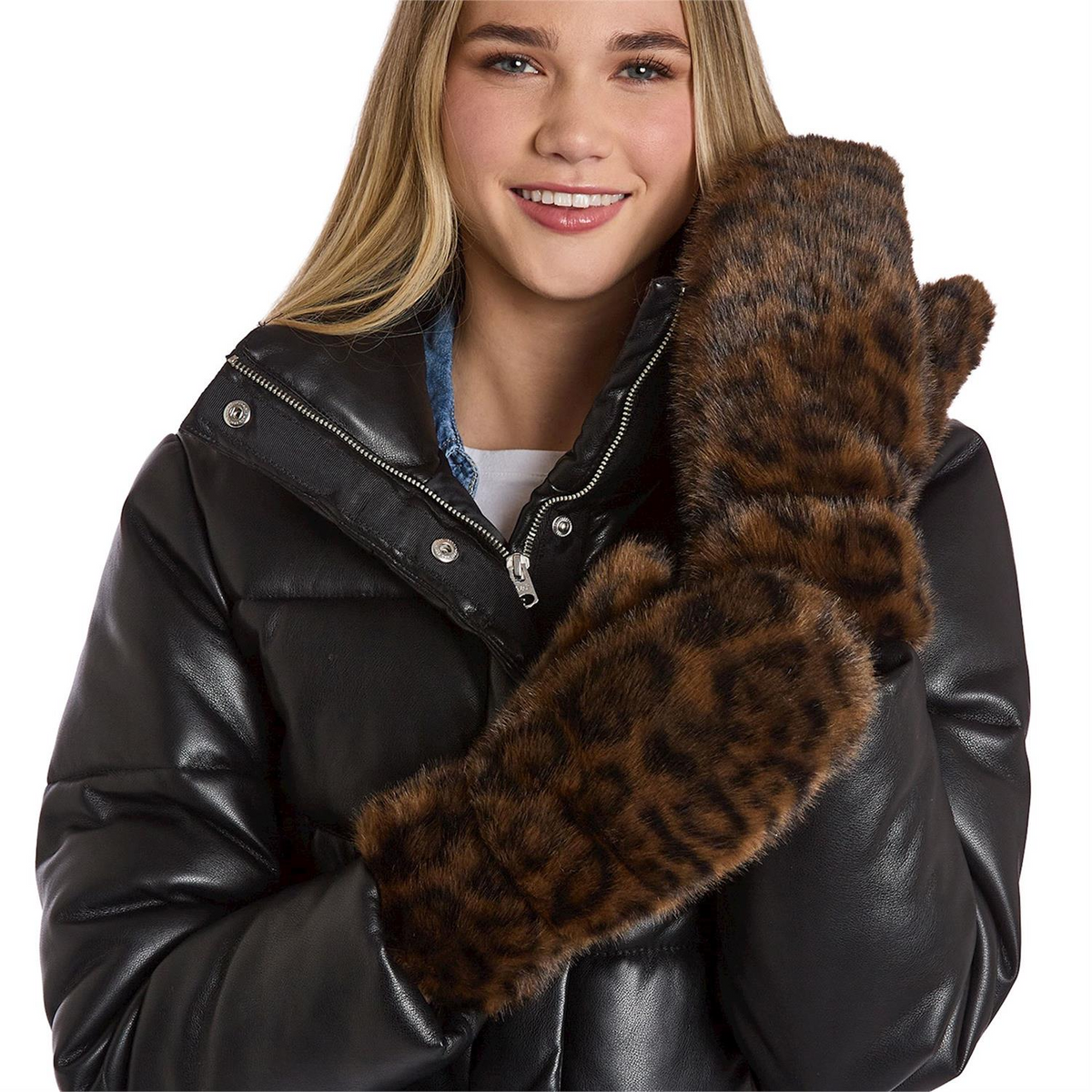 Woman wearing brown leopard print faux fur mittens and a black puffer jacket.