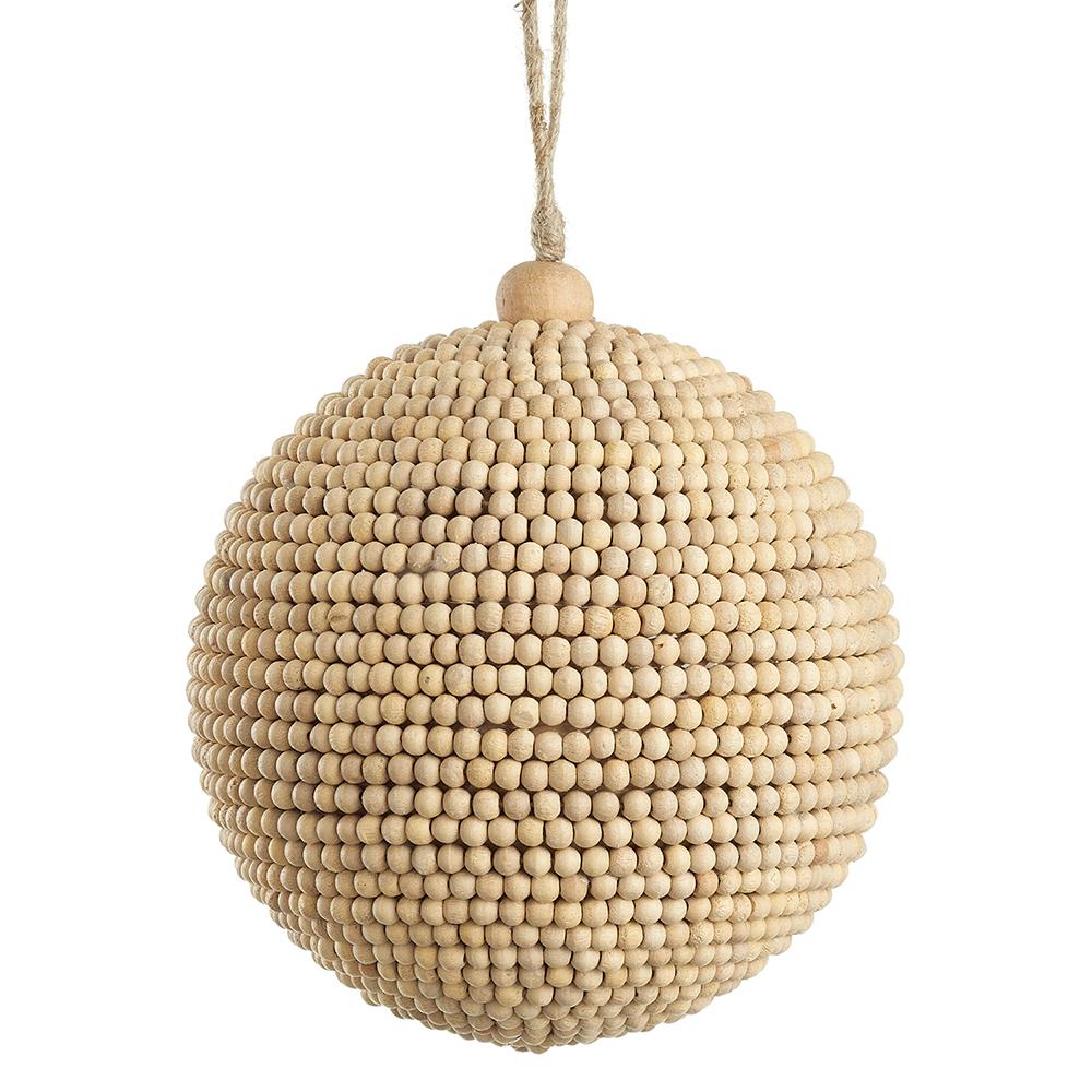 5-inch beige Christmas ornament covered in small neem wood beads with a hanging twine loop.