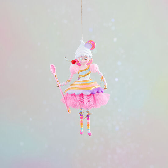 Hand-painted Lickowish resin ornament of a whimsical candy fairy holding a pink spoon.