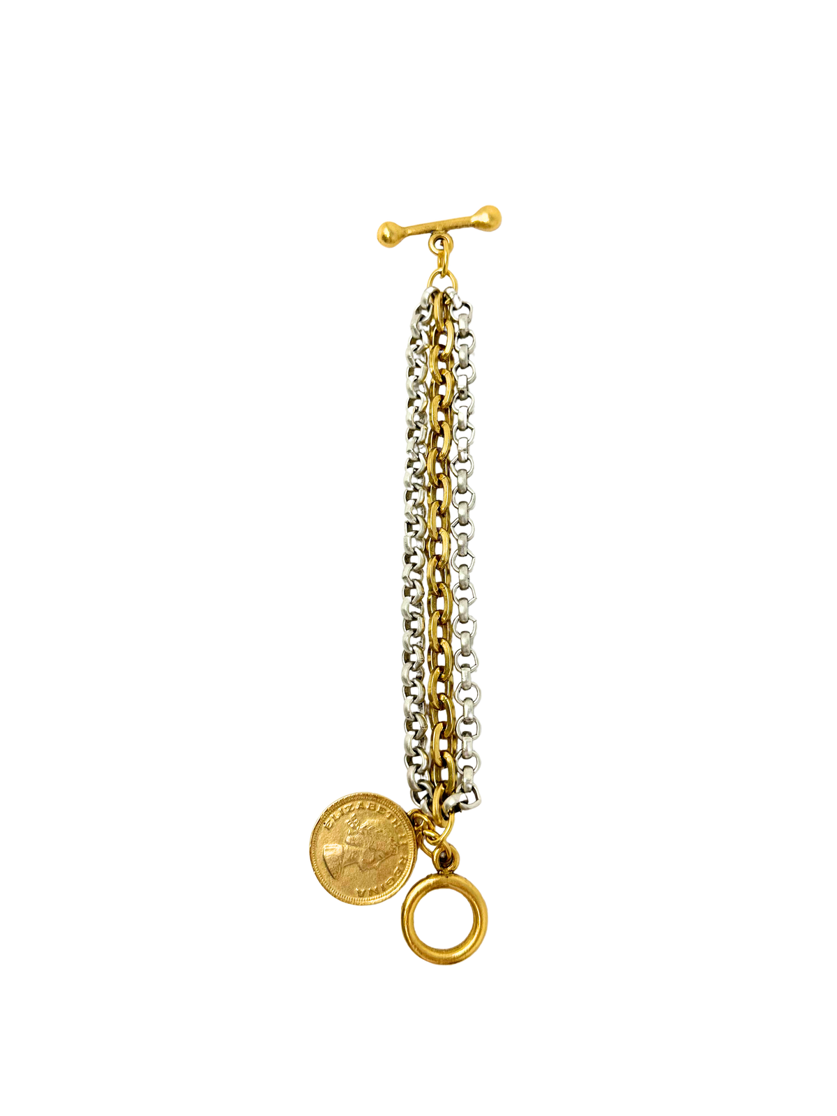 Two-toned silver and gold chain bracelet with a gold coin pendant and toggle clasp.