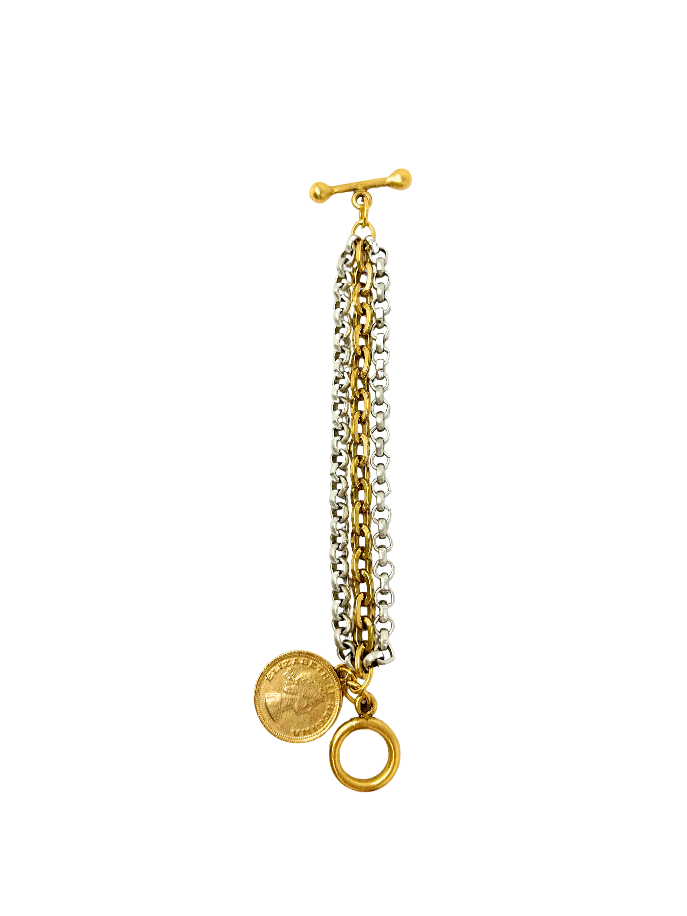 Two-toned silver and gold chain bracelet with a gold coin pendant and toggle clasp.