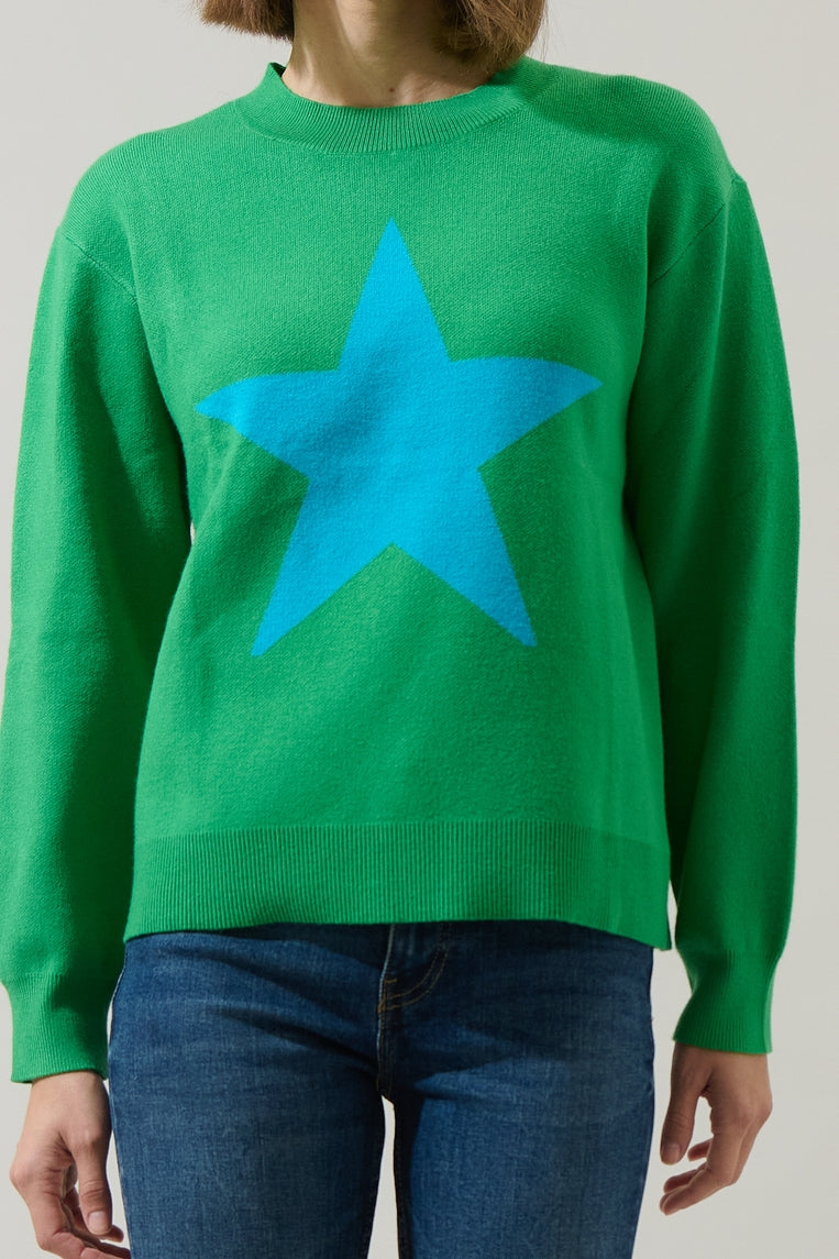 Vibrant green knit pull-over sweater with long sleeves featuring a blue star at the center chest.