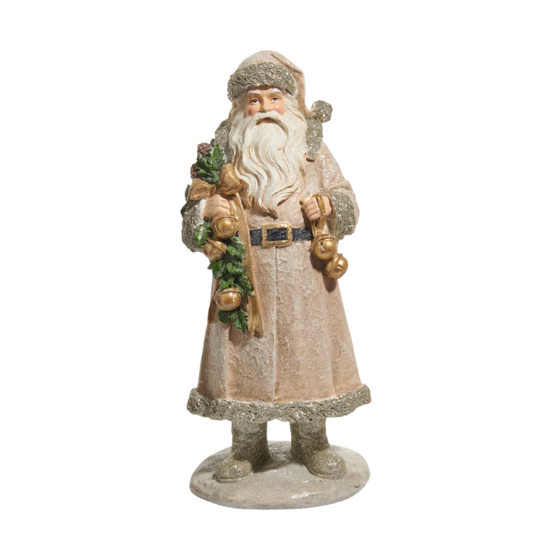 14.25-inch Old World Santa figurine in a beige coat with glitter trim, holding bells and greenery.