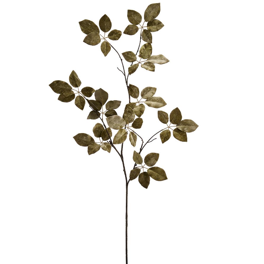 50-inch green velvet Schefflera leaf spray with realistic texture and dark brown stem.