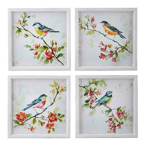 Wood-framed watercolor print featuring a colorful bird silhouette by artist Susan Winget.