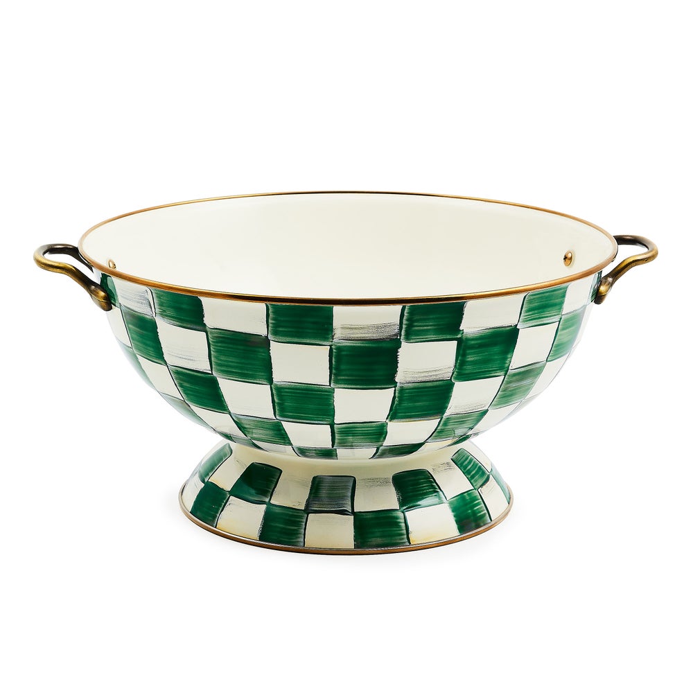 Emerald Check Everything Bowl with hand-painted green and white checks and brass-finished handles.