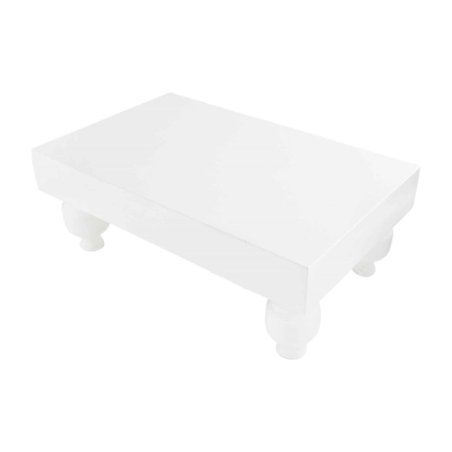 White hand-painted paulownia wood serving stand with turned pedestal feet.