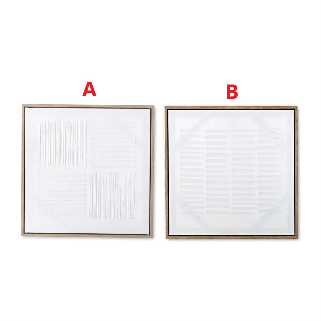 Framed abstract plaster wall art with a textured geometric pattern in neutral tones.