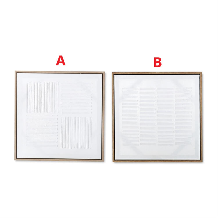 Framed abstract plaster wall art with a textured geometric pattern in neutral tones.
