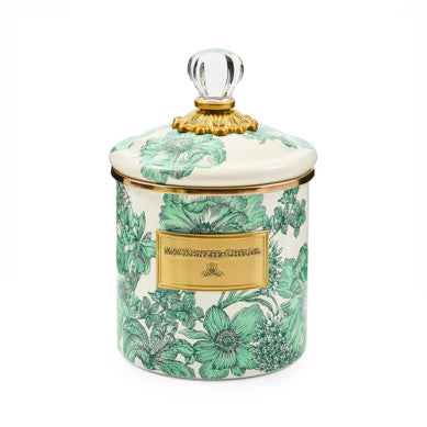 Emerald English Garden canister with hand-glazed steel body, bronzed stainless rim, brass accents, and glass details.