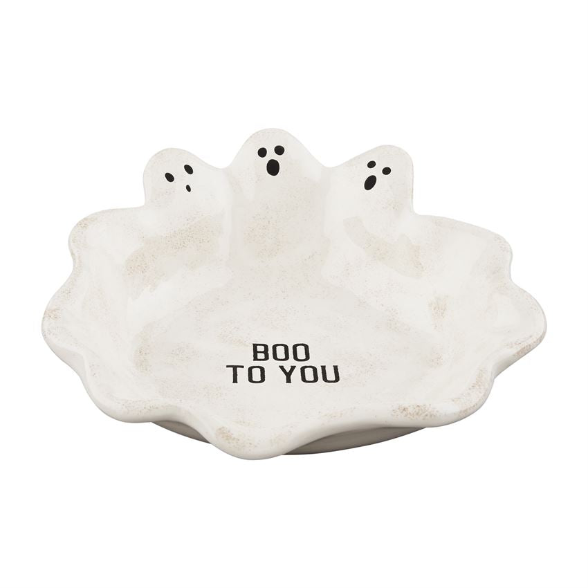 Ghost-shaped candy dish in white with a translucent ghost silhouette on an oval base.