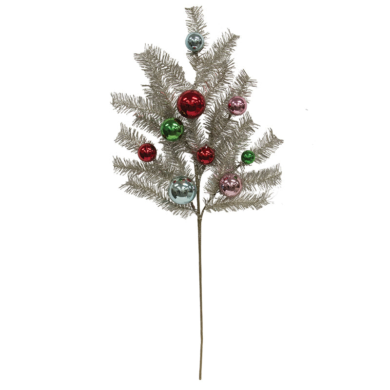 Plastic tinsel spray with platinum, pink, green, red, and blue baubles on a 30-inch stand.