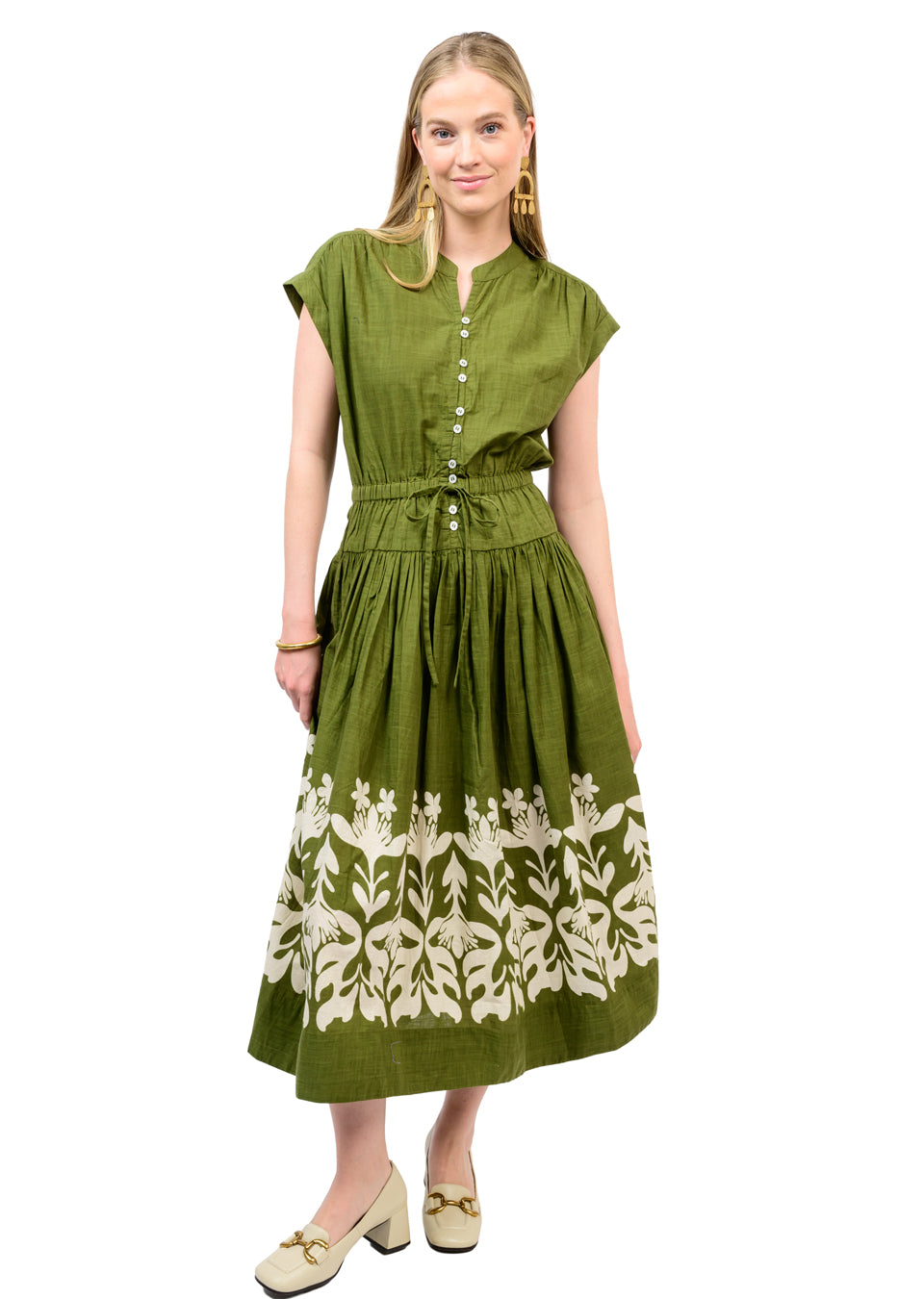 Olive green Alice Border Maxi Dress with a drop waist, split neckline, and white floral border.