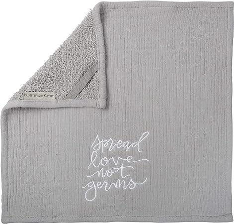 Gray cotton washcloth with white script reading 'spread love not germs' and a terrycloth back.