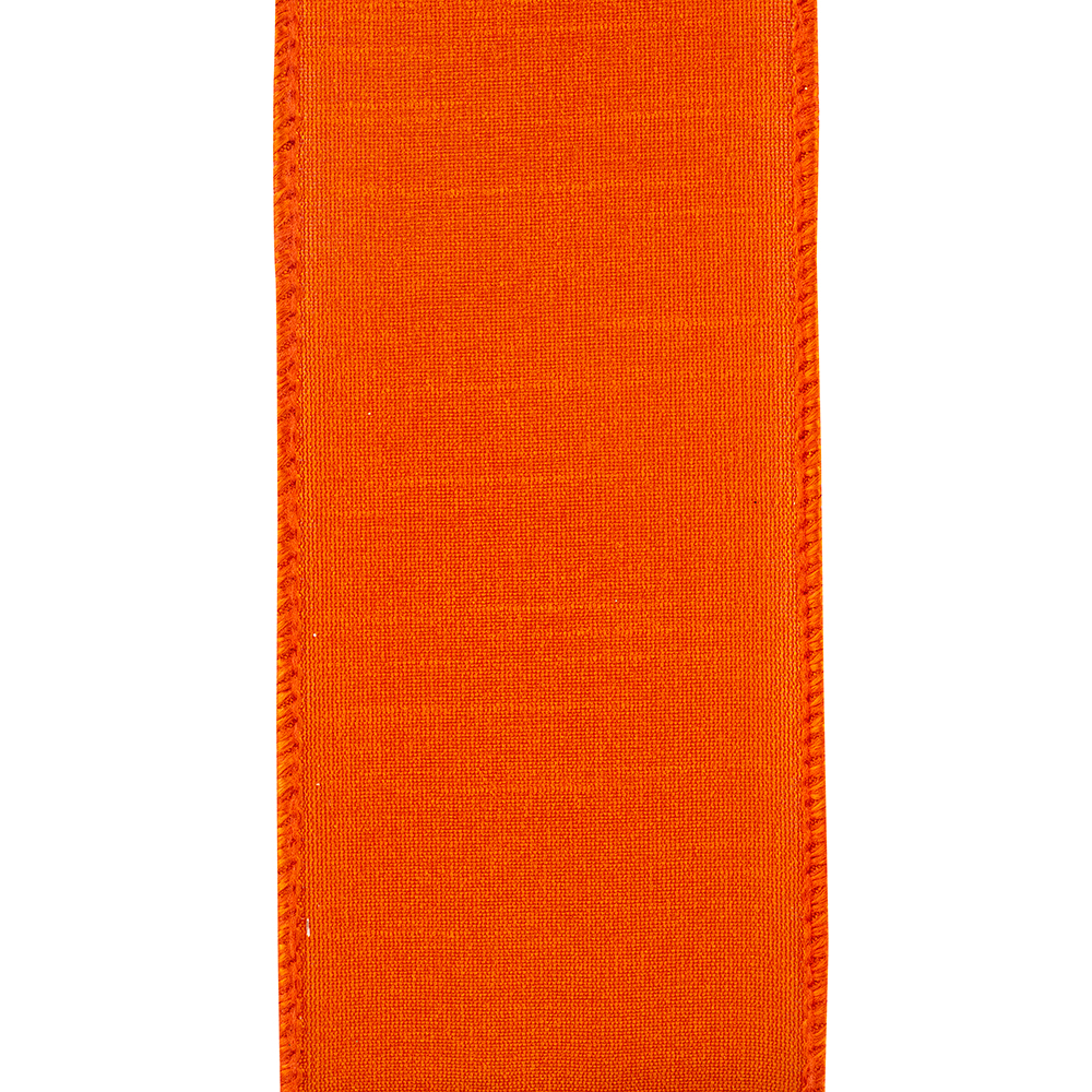 2-1/2 inch tangerine orange Dupioni flame wired edge ribbon with a textured fabric finish.