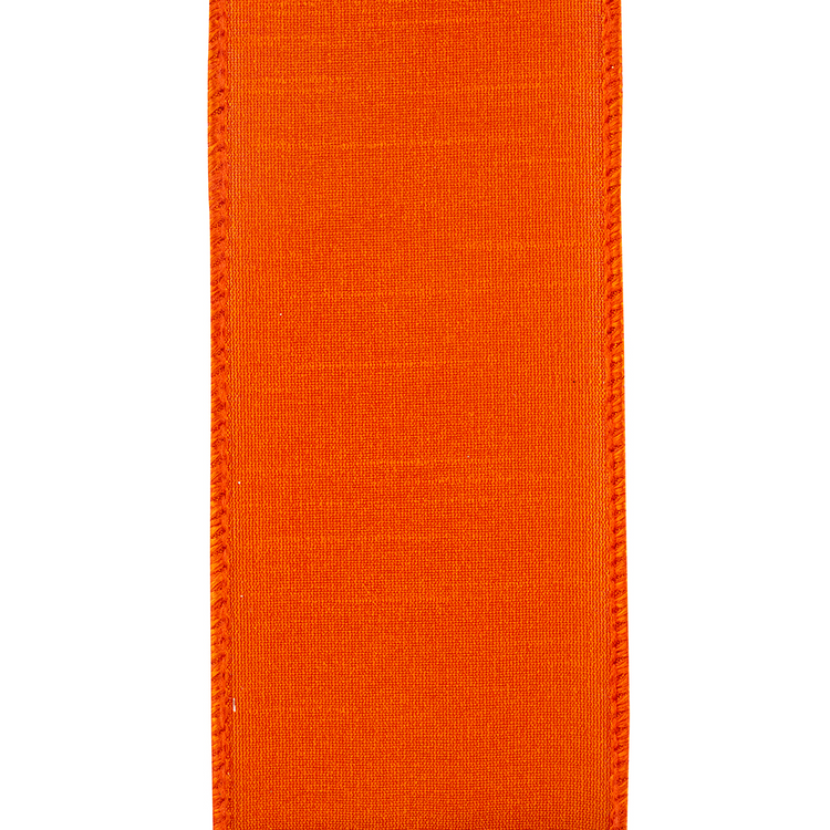 2-1/2 inch tangerine orange Dupioni flame wired edge ribbon with a textured fabric finish.