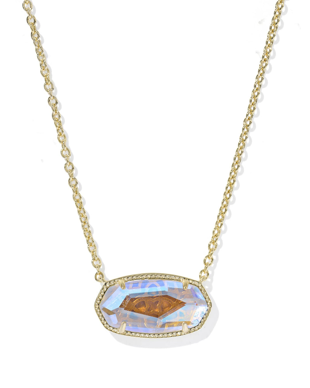Elisa Statement Short Pendant Necklace with a gold chain and iridescent oval stone.
