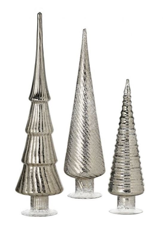 Mercury glass tree with a silver reflective finish featuring multiple tiers of branches.