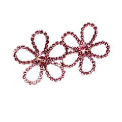 Pink flower rhinestone earrings with light rose embellished airy petals on a pierced ear.