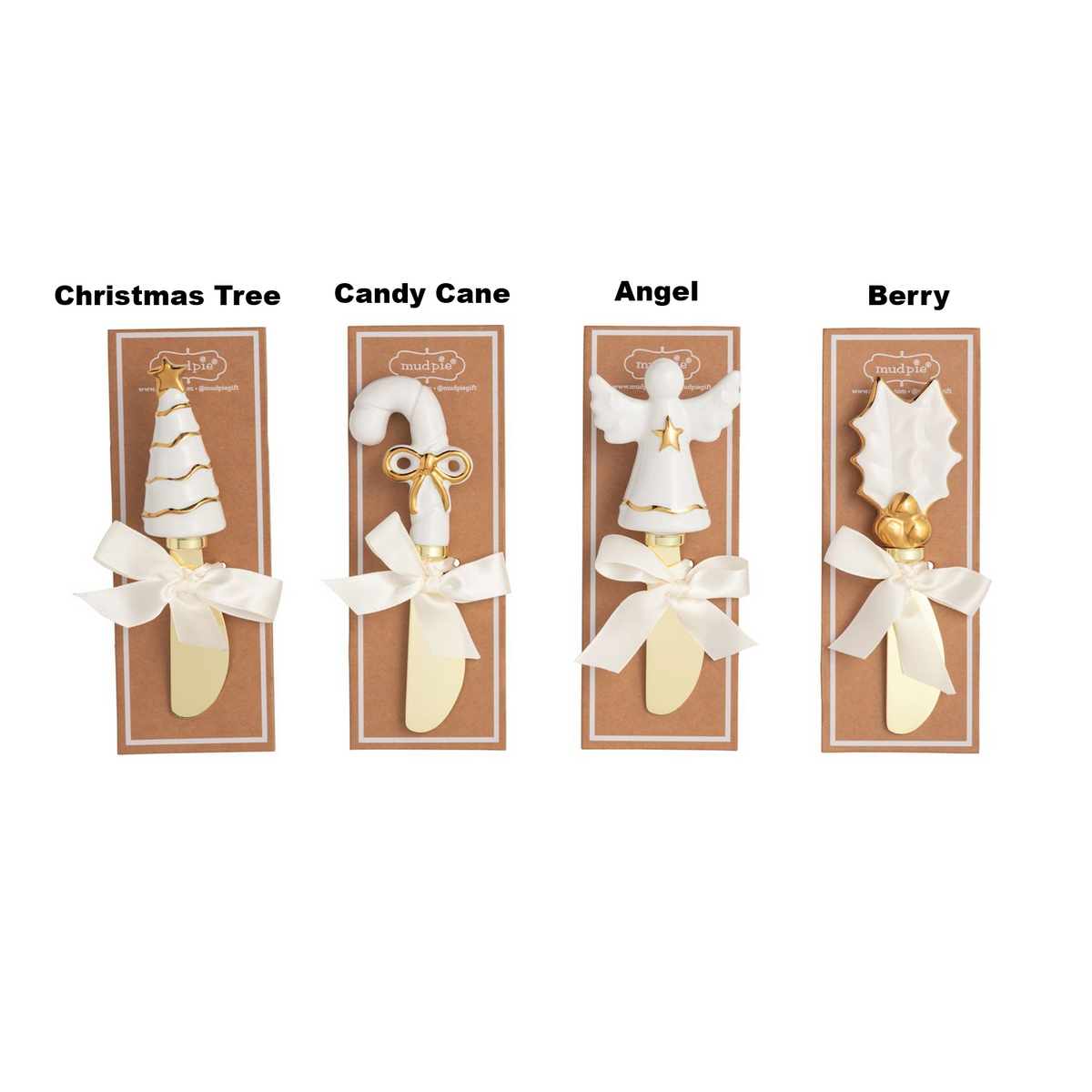 Four stoneware Christmas spreaders with gold details: Christmas Tree, Candy Cane, Angel, and Berry.