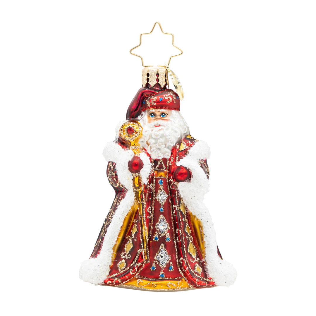 Years In The Making Nick Gem glass Santa ornament in a red coat with a gold staff and star topper.