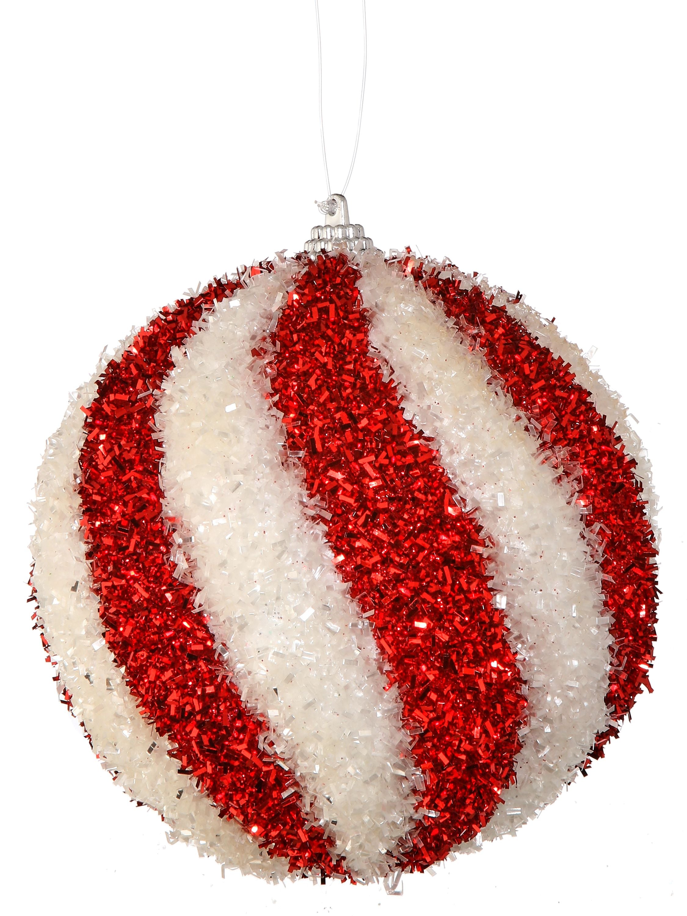 4.5-inch red and white swirl candy ball ornament with sparkling accents.