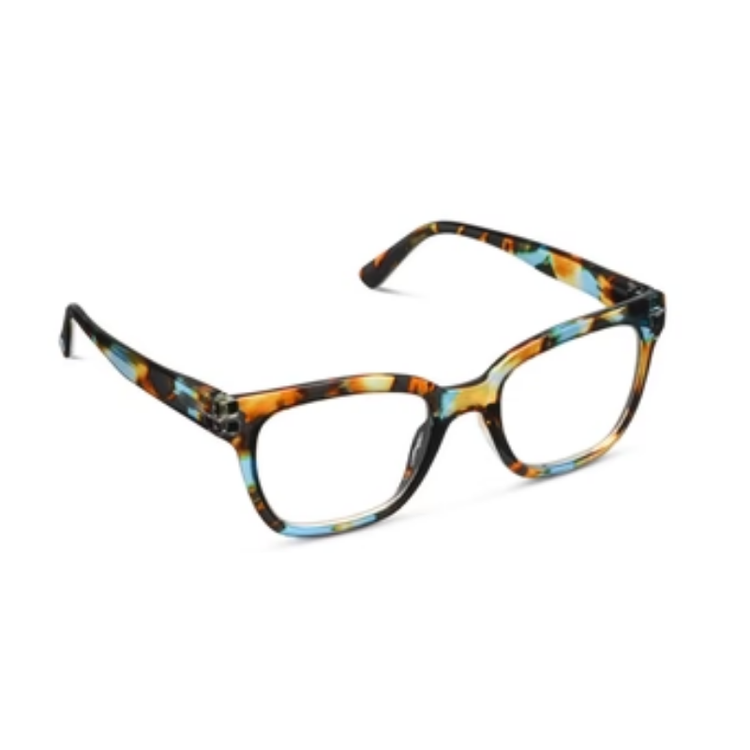 Buzzworthy progressive glasses with a square tortoiseshell frame in blue, orange, and brown.