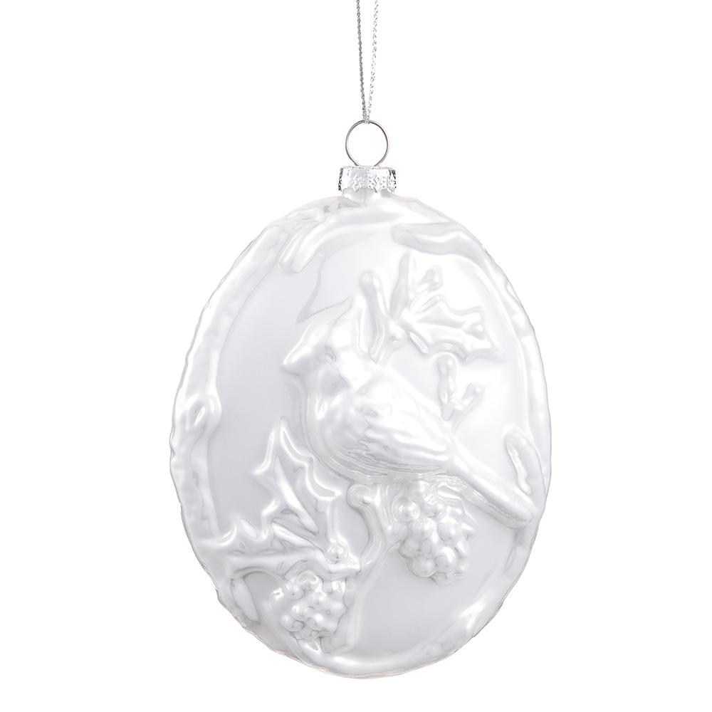 5.5-inch white glass disc ornament featuring an embossed cardinal on a holly branch.