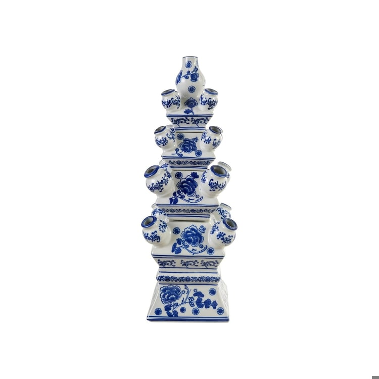 Hand-painted blue and white stoneware Tuileries tulipiere vase with tiered floral design.