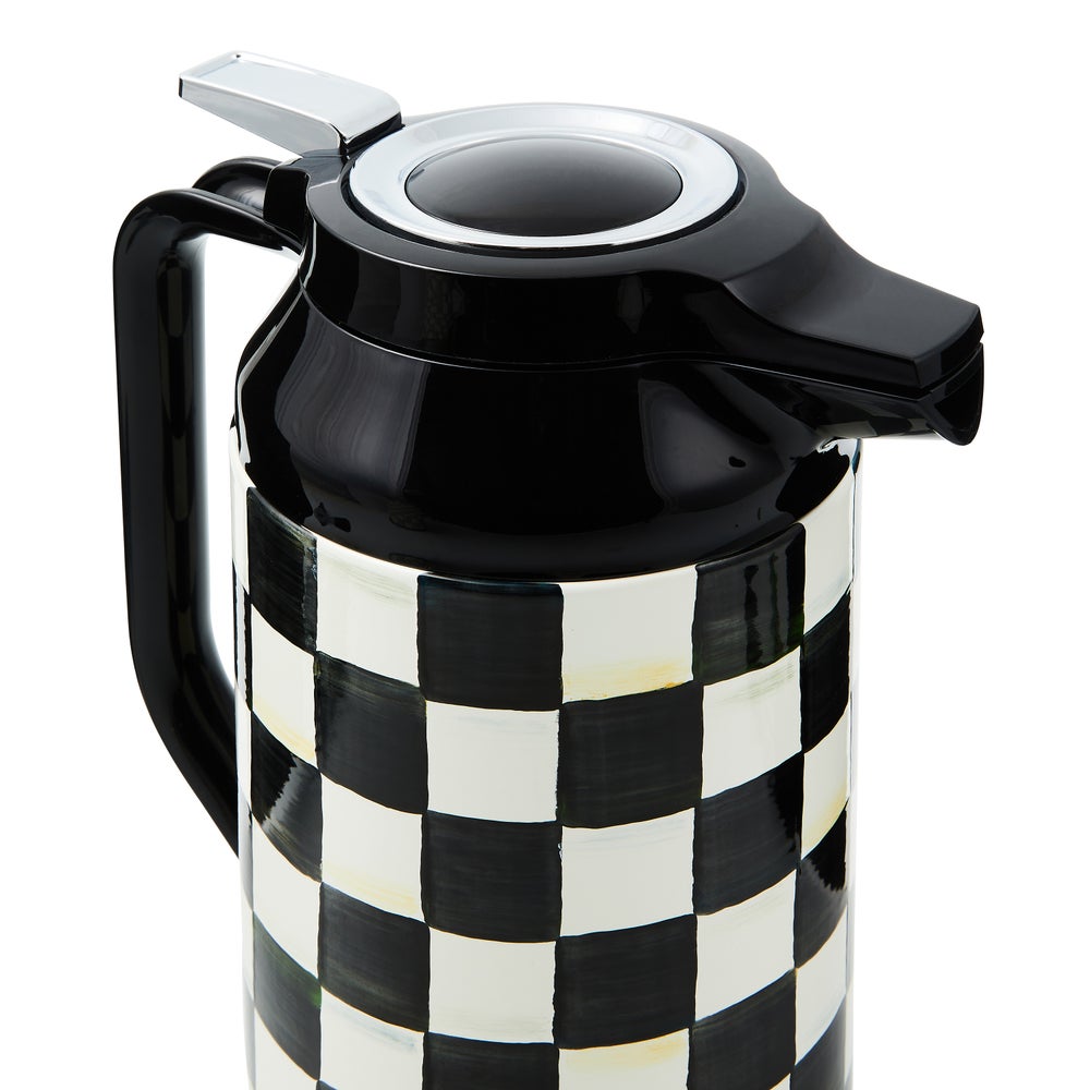 Hand-glazed steel coffee carafe with hand-painted Courtly Check pattern