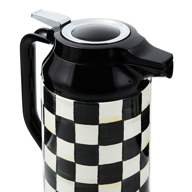 Hand-glazed steel coffee carafe with hand-painted Courtly Check pattern