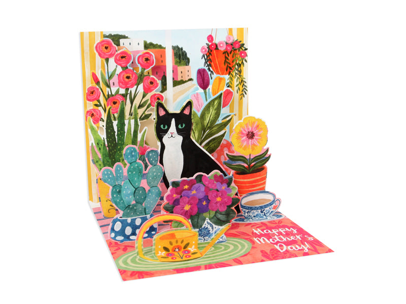 White Mother's Day greeting card with gold foil finish featuring a cat illustration.