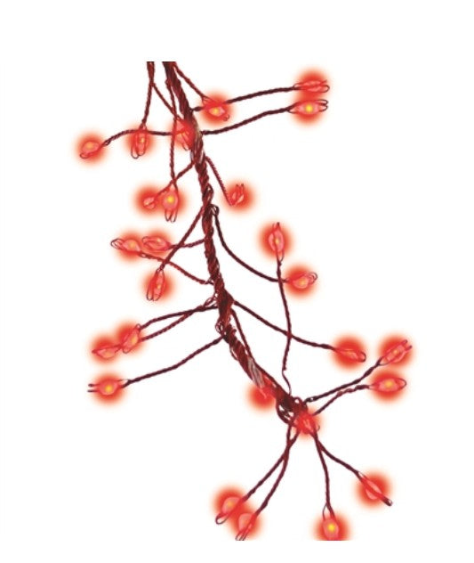 Red wire string light with big seed cluster LED bulbs in steady red twinkle mode