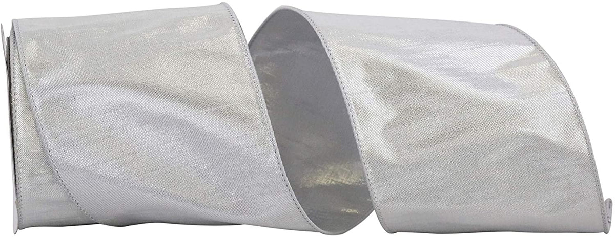 4-inch wide silver Dupione Lame metallic wired edge ribbon on a 10-yard roll.