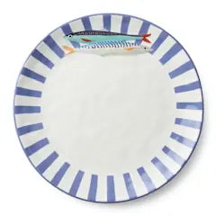 Something Fishy 13-inch round ceramic platter with blue stripes and a fish illustration.