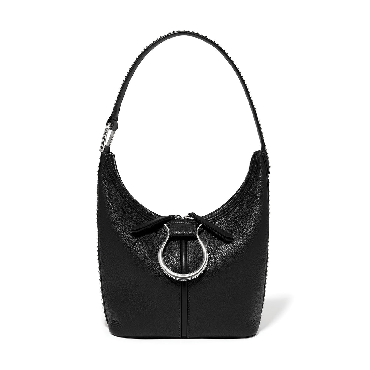 Black pebbled leather Wyatt Shoulderbag with silver ring hardware and studded strap.
