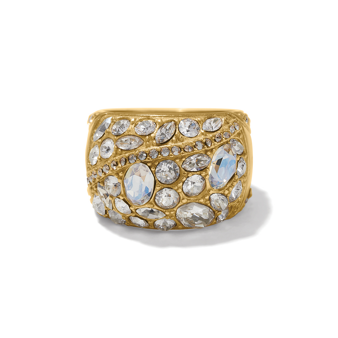 Gold plated Trust Your Journey Ring encrusted with hand-set crystals in various shapes and sizes.