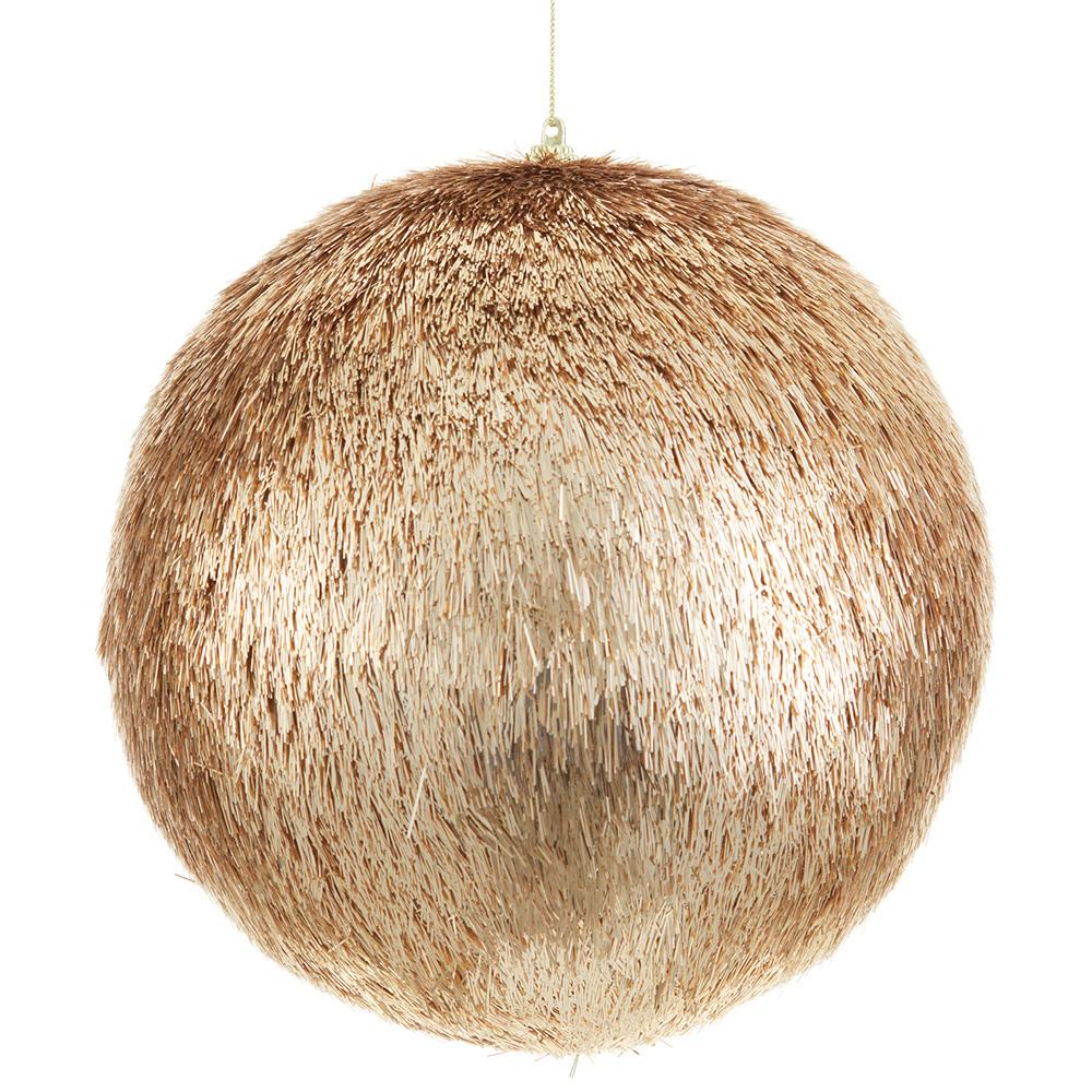 8-inch gold tinsel ball ornament with a shaggy, metallic fringe texture and hanging loop.