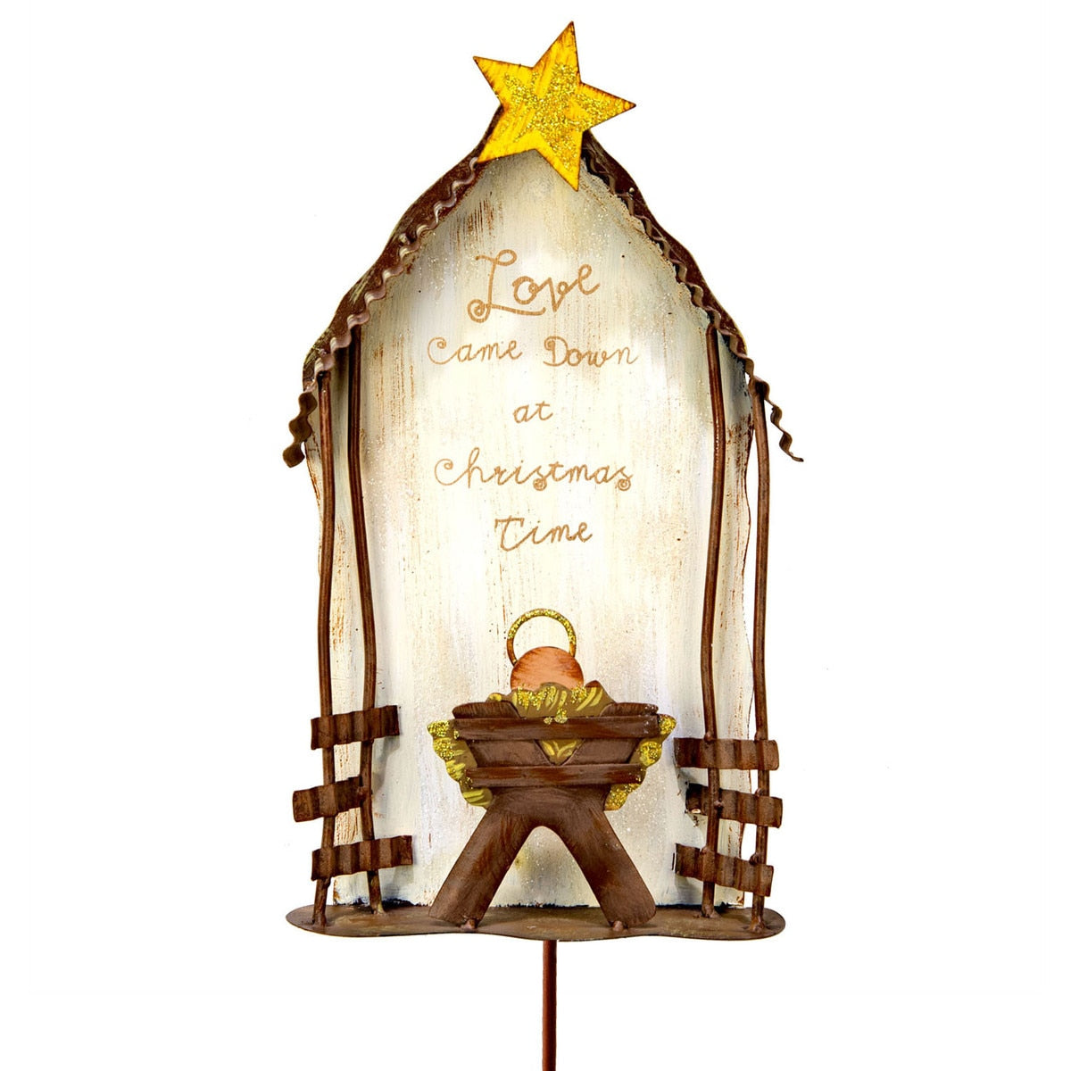 Love Came Down Nativity stake figurine with a wooden finish depicting the birth scene.