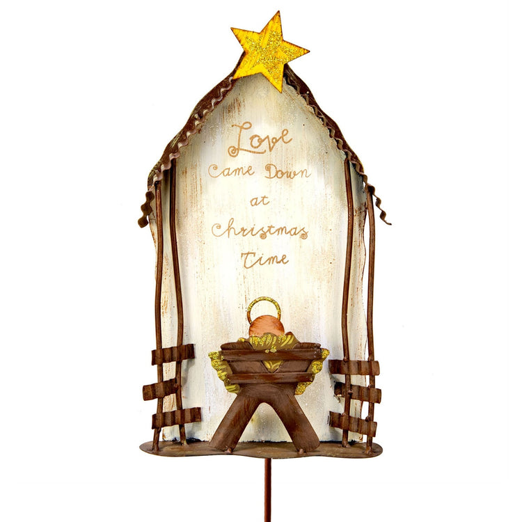 Love Came Down Nativity stake figurine with a wooden finish depicting the birth scene.