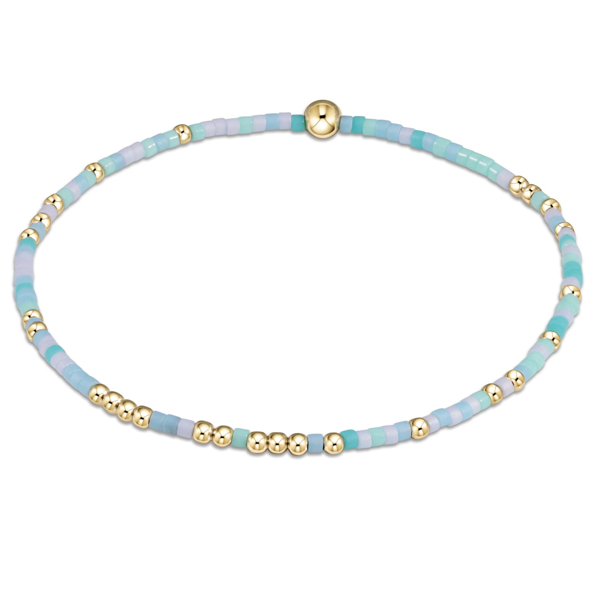 Hope Unwritten bracelet featuring mixed seed beads in various colors with gold-filled accents on elastic cord.