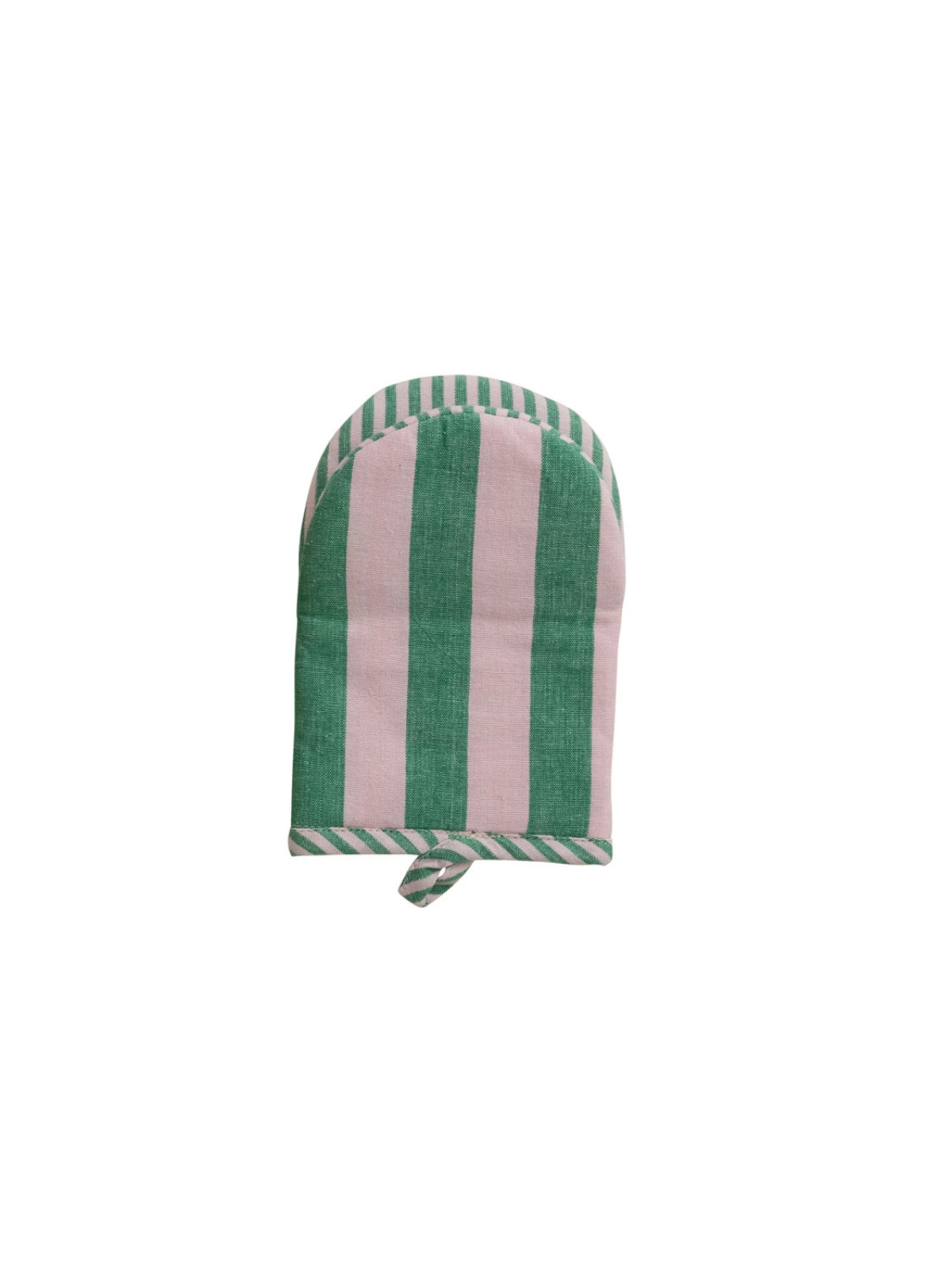 Woven cotton oven mitt with vertical stripes in neutral tones